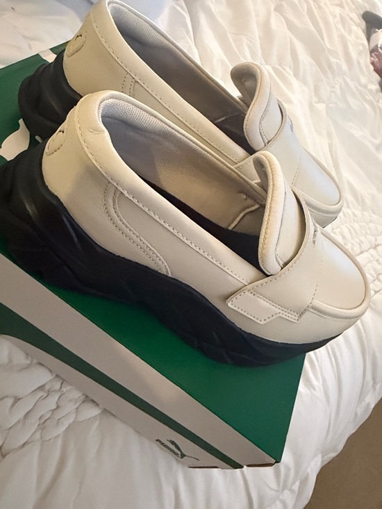 Puma Women's Leather Loafyr Slip-On. Alpine Snow with Black Chunky